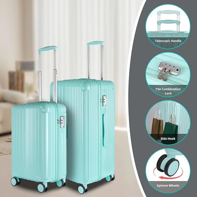 Carry-on 20 Inch and 28 Inch Square Thickened ABS+PC Hard Shell luggage, 2-Piece Suitcase Set with TSA Lock & Dual Zipper Mesh Inner Layer Design, Mint Green