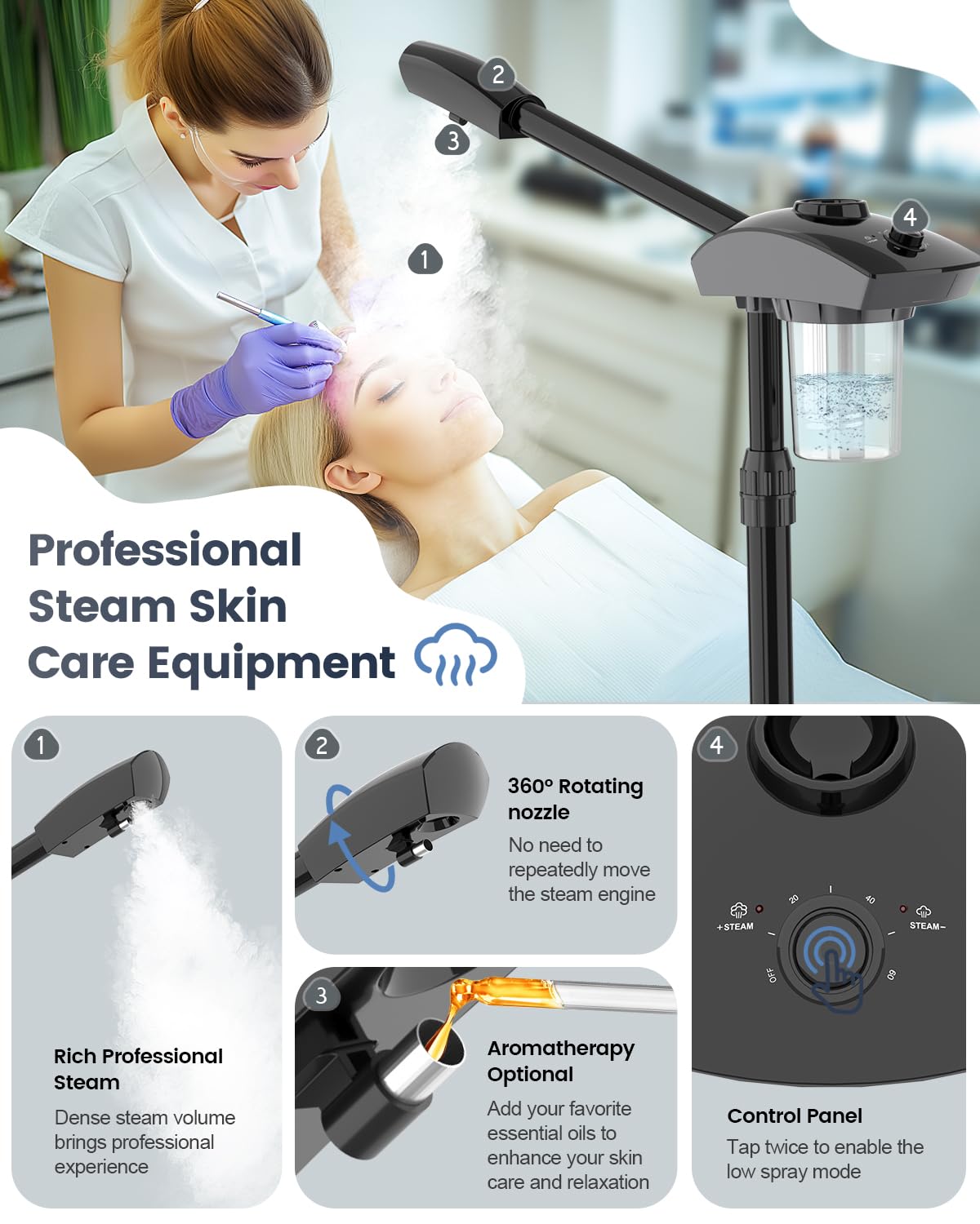 Kingsteam Professional Ozone Nano-Ionic Facial Steamer | Deep Cleansing Hydrating | Salon Home Spa Face Steamer | Pore Cleanser | 60-Min Timer | 360° Swivel | Esthetician Favorite Tool, Black