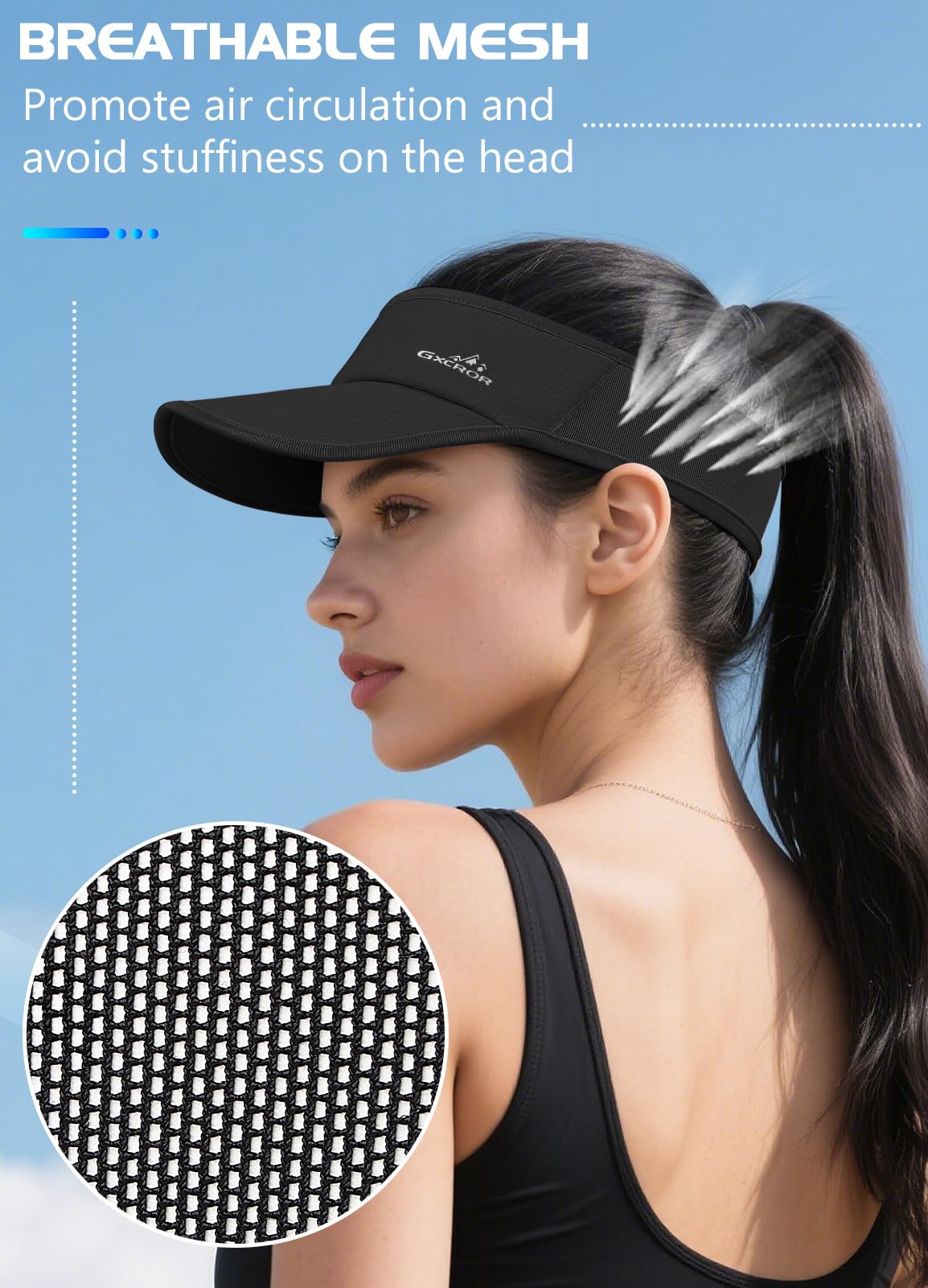 GXCROR Sports Sun Visor Hat Men Women, Lightweight Breathable Quick-Dry Visor Hat, UPF 50+ Tennis Golf Running Visor Black