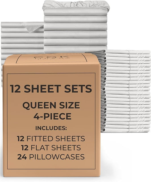 Bulk Case Pack of 12 Sheet Sets - (12) Complete Queen Size Sheet Sets with Deep Pockets - Wholesale Bulk Bedding for Hotels, Spas & Airbnbs - Breathable, Cooling & Wrinkle Free - (Queen, French Grey)