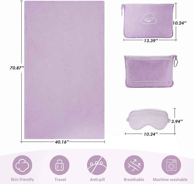 Travel Blanket, 3-in-1 Ultra-Soft, Warm & Lightweight Travel Blanket Airplane with Bag, 65x40 in, Airplane Travel Essentials for Women, Men & Kids with Eye Mask, Luggage Sleeve & Backpack Clip