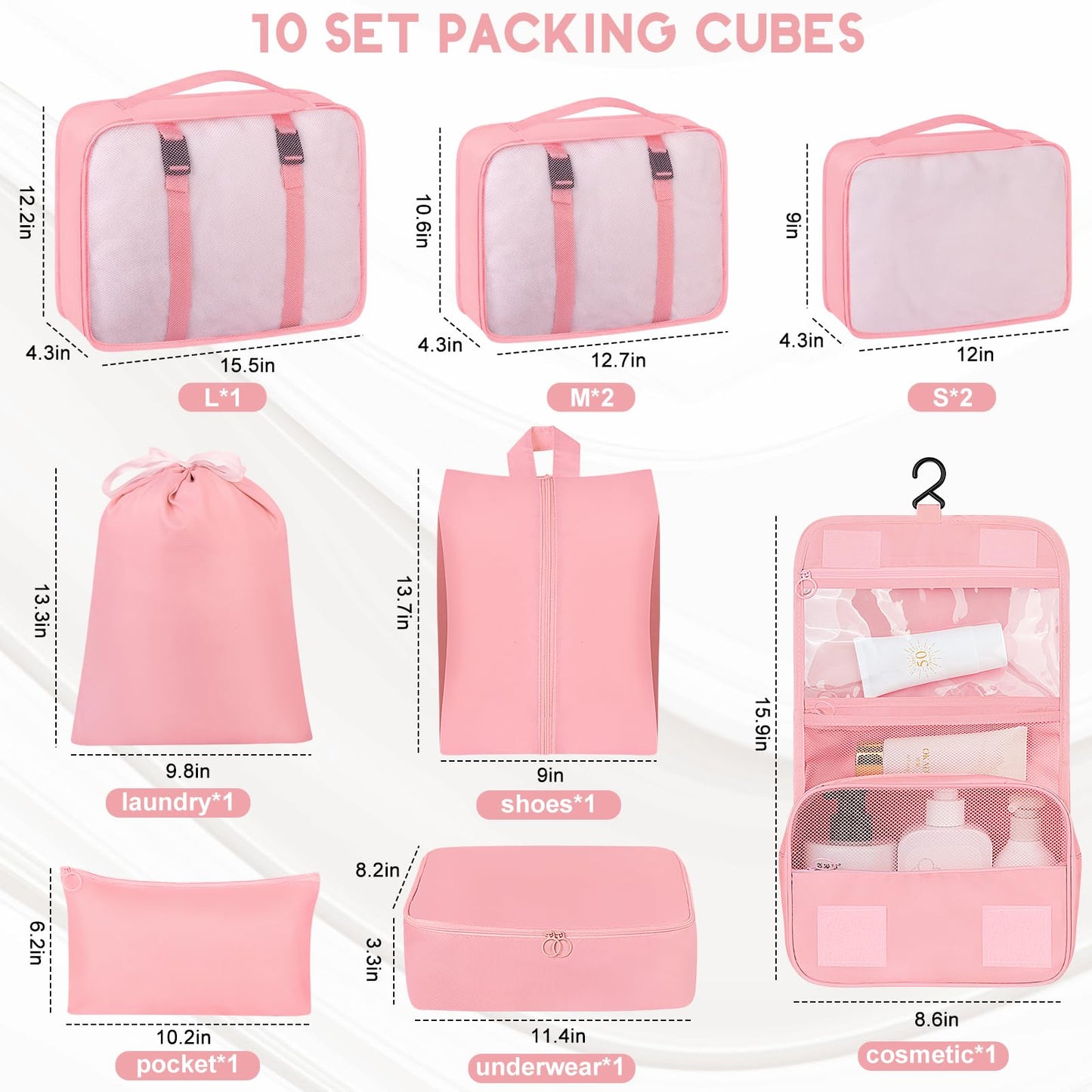 10 Set Packing Cubes for Travel, Travel Packing Cubes with Hanging Toiletry Bag and Shoe Bag, Suitcase Luggage Organizer Bags for Travel Essentials Women Men (Pink)
