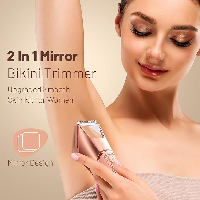 Bikini Trimmer for Women: Pubic Hair Razor with Mirror & LED Light, Electric Shaver with Ceramic Blades & Travel Lock - Body Groomer IPX7 Waterproof Use for Legs/Arm/Underarm