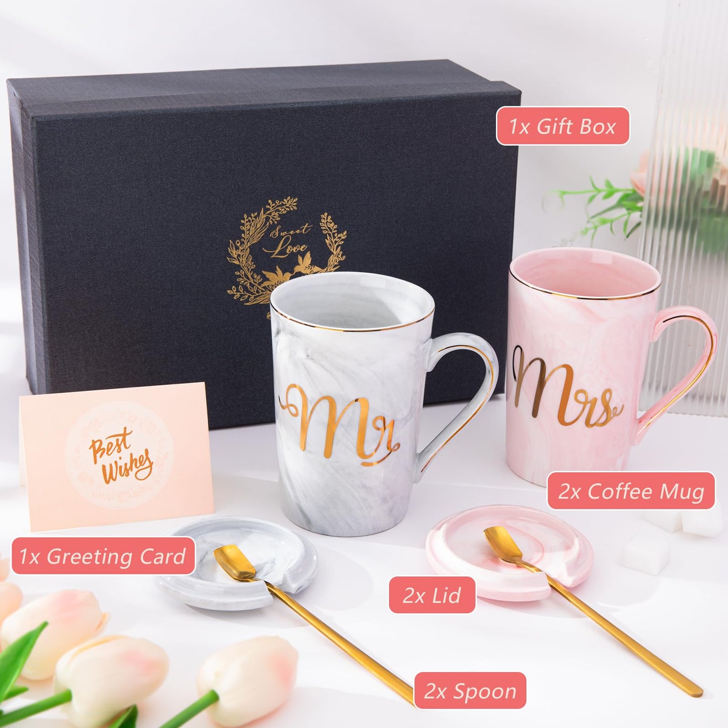 Biching Wedding Gifts for Couples 2025, Couple Gift for Anniversary - 14oz Ceramic Marble Mr and Mrs Mugs Set, Present for Bridal Shower Engagement Bride and Groom, with Greeting Card, Luxury Gift Box