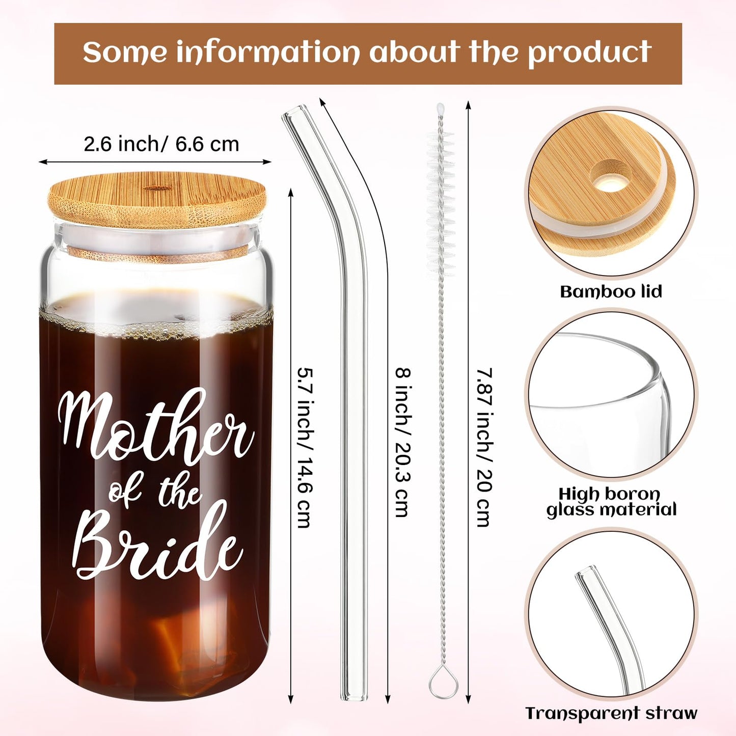 Zubebe 3 Pcs Bride Gifts Set for Bridal Shower Include Glass Cup Canvas Tote Bag Makeup Bag for Honeymoon Gift (Mother of the Bride)