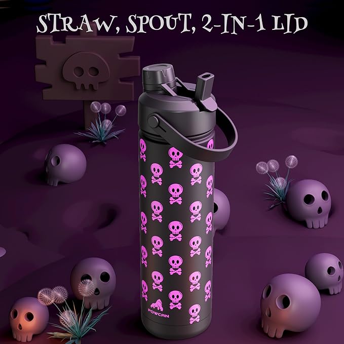 26 oz Halloween Insulated Water Bottle with 2-in-1 Straw and Spout Lid, Glow-in-the-Dark, 24H Cold, Leakproof, Fits in Car Cup Holder, Stainless Steel for Gift, Trip, Holiday, Sports (Deadly Cute)