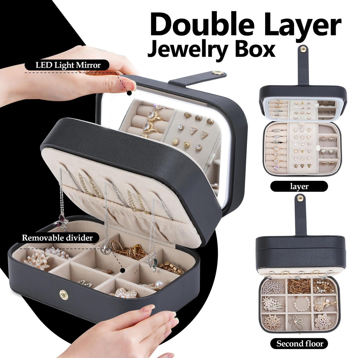 KJroom Travel Jewelry Case with LED Lighted Mirror, Portable Travel Jewelry Organizer, 2-Layer Jewelry Box for Earrings Necklace Bracelet Rings, Birthday Gifts for Women Girls Kids (Black)
