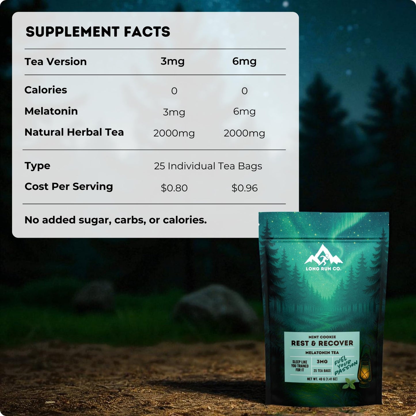 Rest &  Recover Sleep Tea by Long Run Co. – Caffeine‑Free Herbal Tea with Melatonin (25 Tea Bags) – All Natural, Better Sleep & Recovery, Wake Up Refreshed [3mg Melatonin, Mint Cookie]