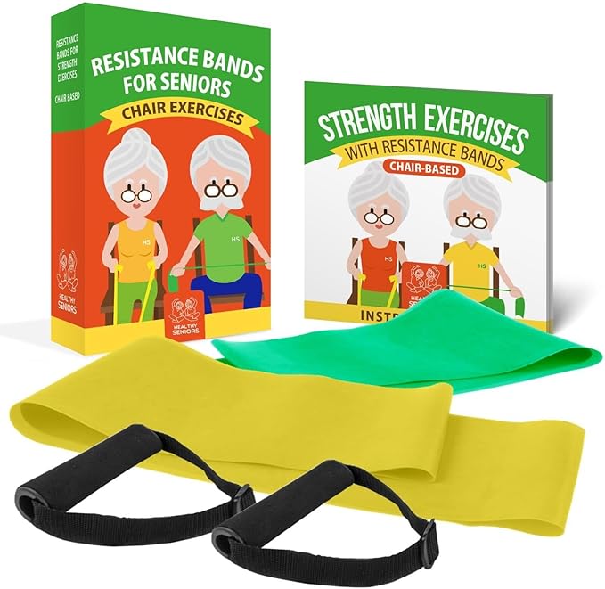 Chair Exercise Program with Two Resistance Bands, Handles and Printed Exercise Guide. Suitable for Rehab or Physical Therapy. Thoughtful Gift for Grandma or Grandpa