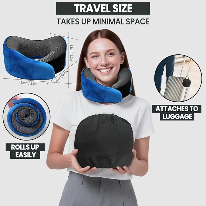 Travel Pillow, 100% Pure Memory Foam Travel Neck Pillow Airplane Neck Support Ergonomic Design for Traveling Suitable for Airplanes,Offices and Cars-Blue
