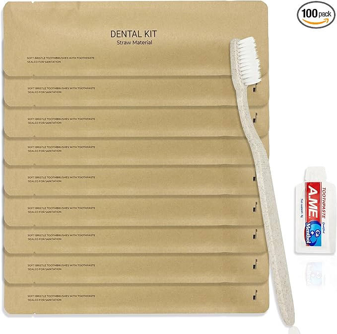 100 Pack Travel Size Toothbrushes with Toothpaste in Bulk, Disposable Individually Wrapped Wheat Straw Portable Toothbrushes Kit for Homeless, Nursing Home, Charity, Shelter, Airbnb and Hotel