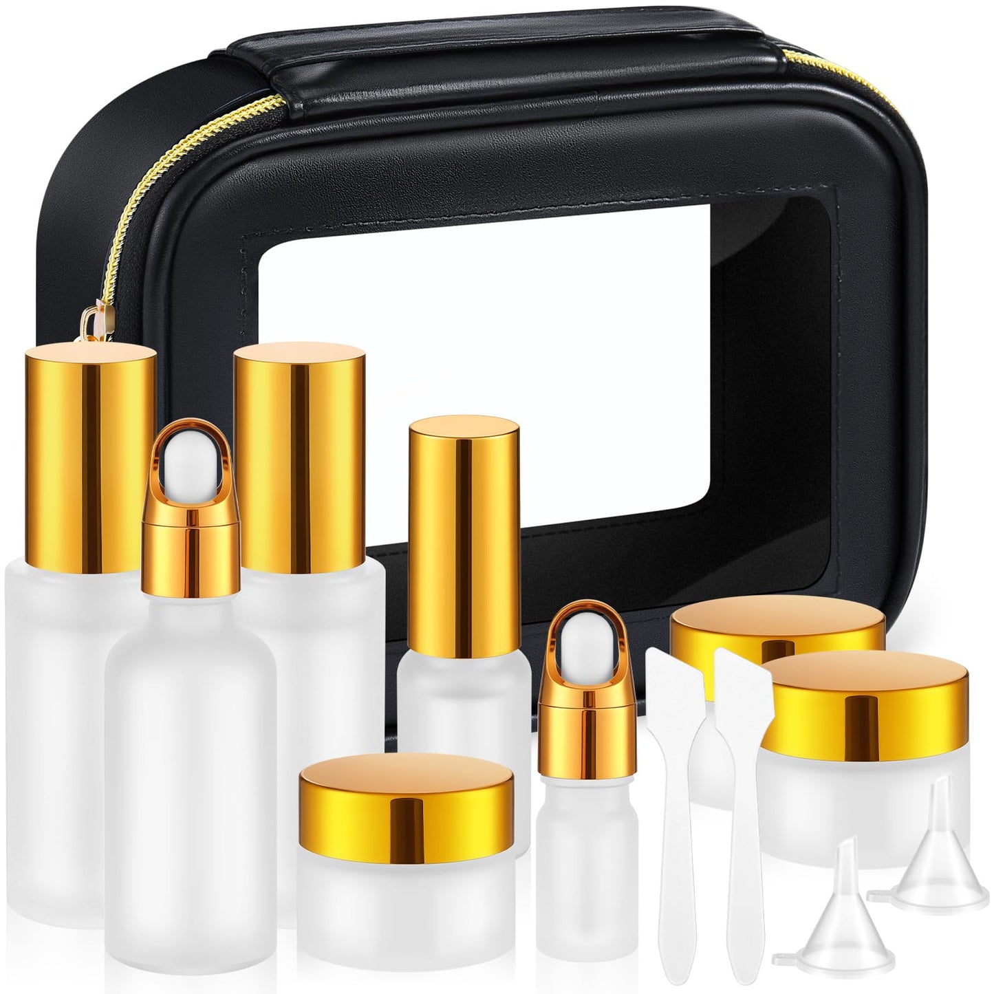 Jingmore 13 Pcs Glass Skincare Travel Containers Mini Makeup Containers Travel Size Toiletries Bottles with Pump Spray and PU Leather Toiletry Bag for Liquid Serum Cream Moisturizers Oils(Gold)