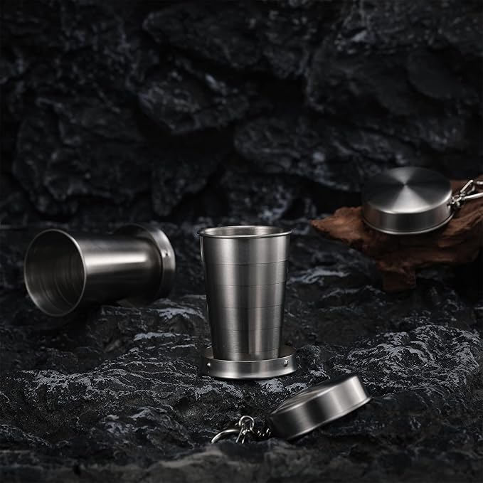 10 Pieces Collapsible Shot Glasses Stainless Steel Collapsible Cup Reusable Portable Travel Folding Cup with Lid and Keychain for Camping Hiking Cycling(5 oz)