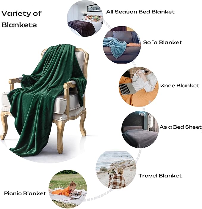 JIAHANNHA Flannel Fleece Blanket Queen Size Green 90 by 90 Inches Blankets for Couch Sofa Bed 280GSM,Super Soft Plush Cozy and Luxury Warm Bed Blanket for All Season