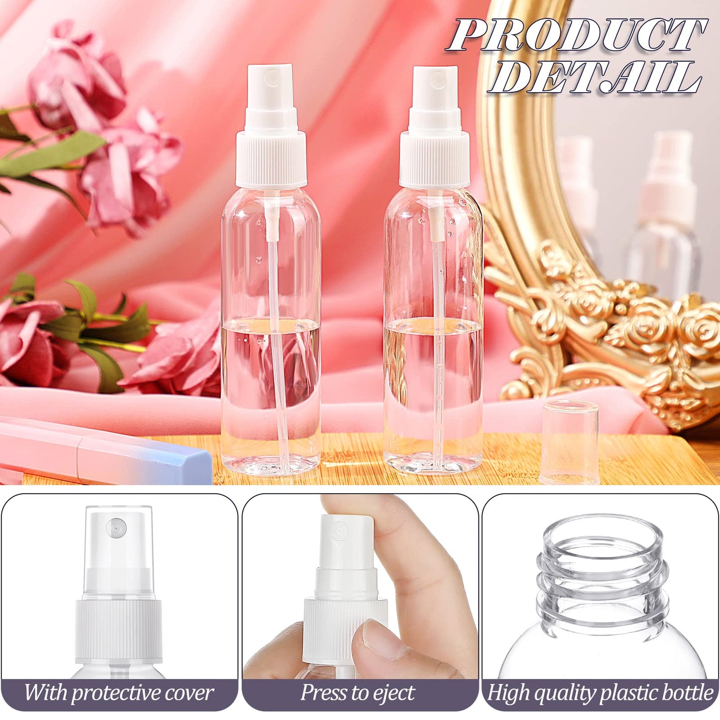 Nuogo 100 Pack 2 Oz Plastic Spray Bottles Reusable Mini Travel Size Perfume Refillable Mist Sprayer Empty Spritz Bottle for Household Use Essential Oil Cleaning(Clear)