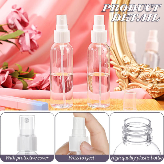 Nuogo 100 Pack 2 Oz Plastic Spray Bottles Reusable Mini Travel Size Perfume Refillable Mist Sprayer Empty Spritz Bottle for Household Use Essential Oil Cleaning(Clear)