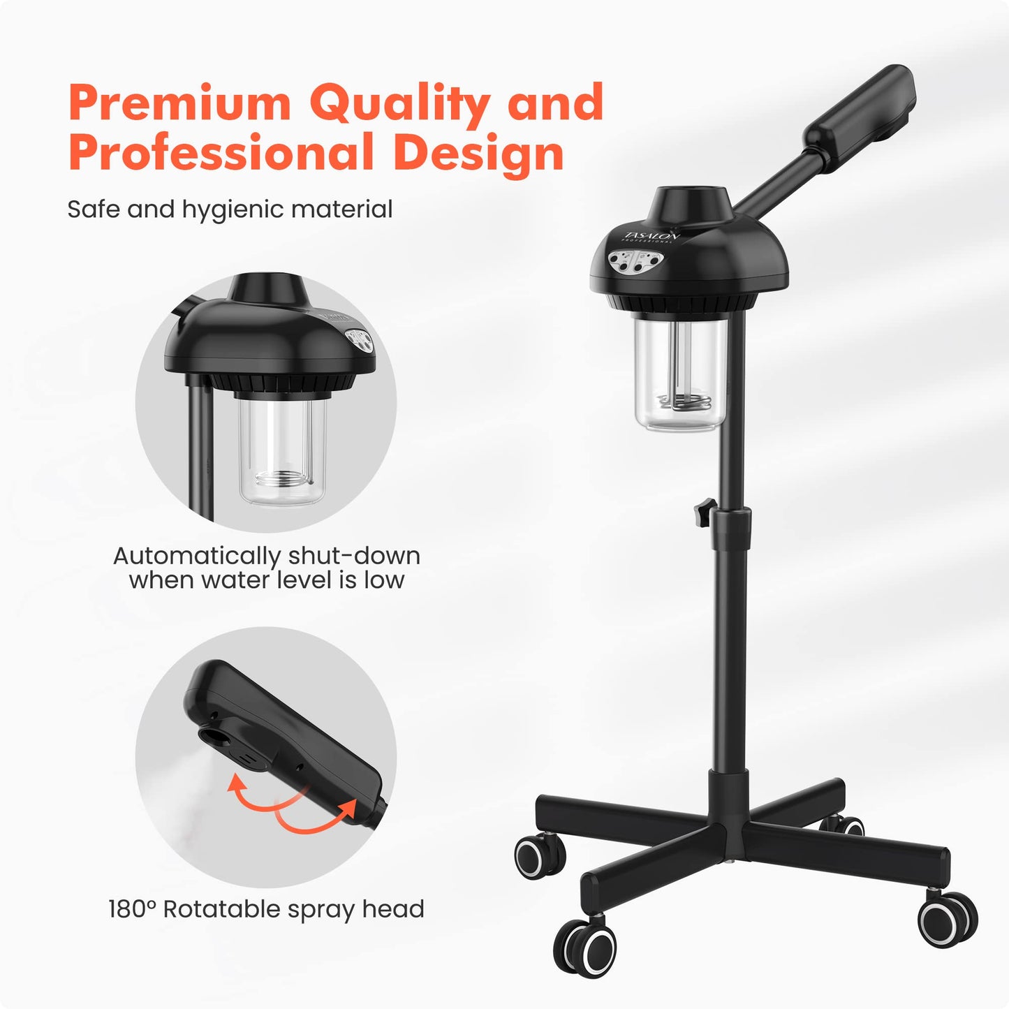 TASALON Steamer on Wheels for Professional Skin Rejuvenation, Facial Steamer Kit for Home, Spa, Clinic - Warm Mist, Ozone Face Humidifier - Pore Opener and Cleanser-Black