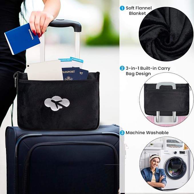 Blanket Pillow for Airplane Travel Essentials - 3 In 1 Travel Blanket and Pillow Set for Women Gift, Plane Compact with Bag for Long Flight, International Traveler Must Haves Flying Accessories（Black）