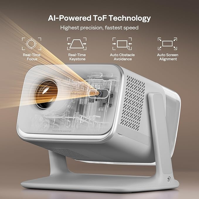 Aurzen BOOM mini Google TV 4K Supported Smart Portable Projector with WiFi and Bluetooth, Outdoor & Home Movie Projector with 20W Speakers DoIby Audio, Real-Time Focus, 500 ANSI Lumens, Grey