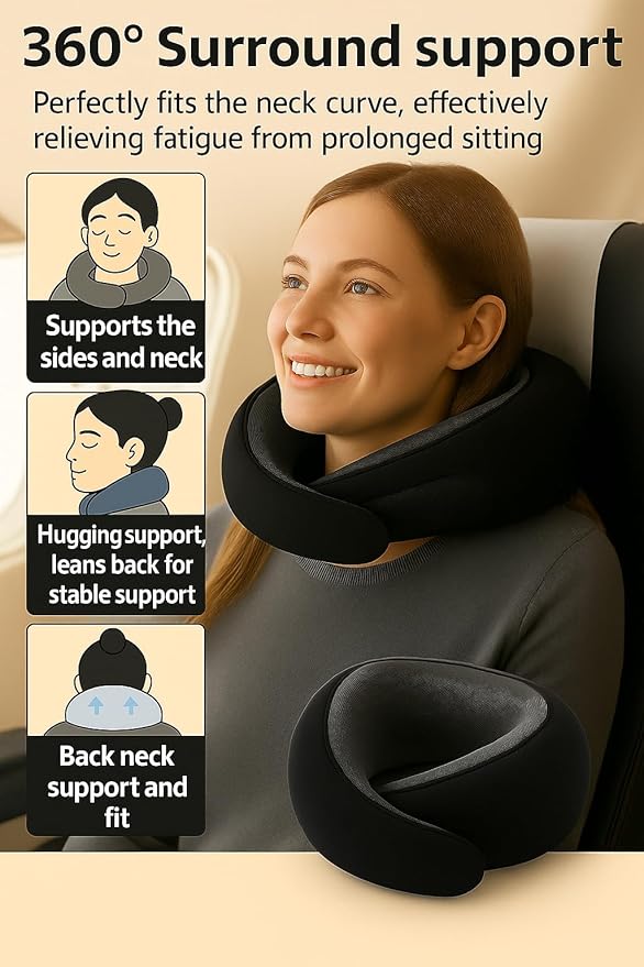 Travel Pillow, Travel Pillows for Airplanes, 100% Pure Memory Foam Travel Neck Pillow with Eye Mask & Ear Plugs, Comfort and Ergonomic Design, Ideal for Airplanes, Cars and Offices