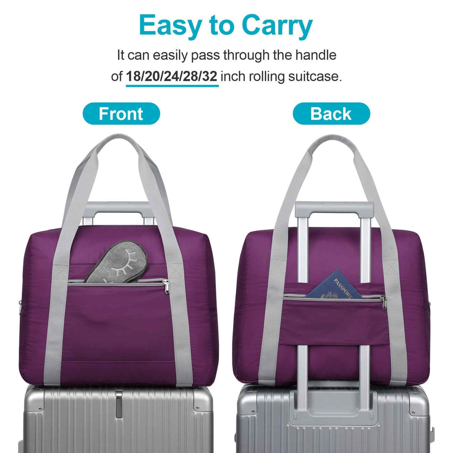 Cambond Spirit Airlines Personal Item Bag 18x14x8-30L Carry on Personal Item Travel Bags for Short Trip, Lightweight Compact Underseat Foldable Travel Duffel Bags, Purple