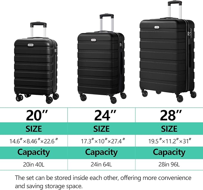 AnyZip Luggage Sets 3 Piece Hardshell Suitcase Set PC ABS Lightweight Travel Suitcases with 4 Double Spinner Wheels TSA Lock 20 24 28 Inch Black