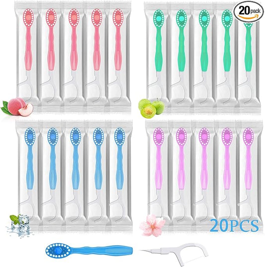 20pcs 5 in 1 Disposable Mini Toothbrush with Toothpaste + Floss + Pick + Tongue Scraper | Travel Size | Individually Wrapped | Soft | Mint | Travel Set | Oral Care (2)
