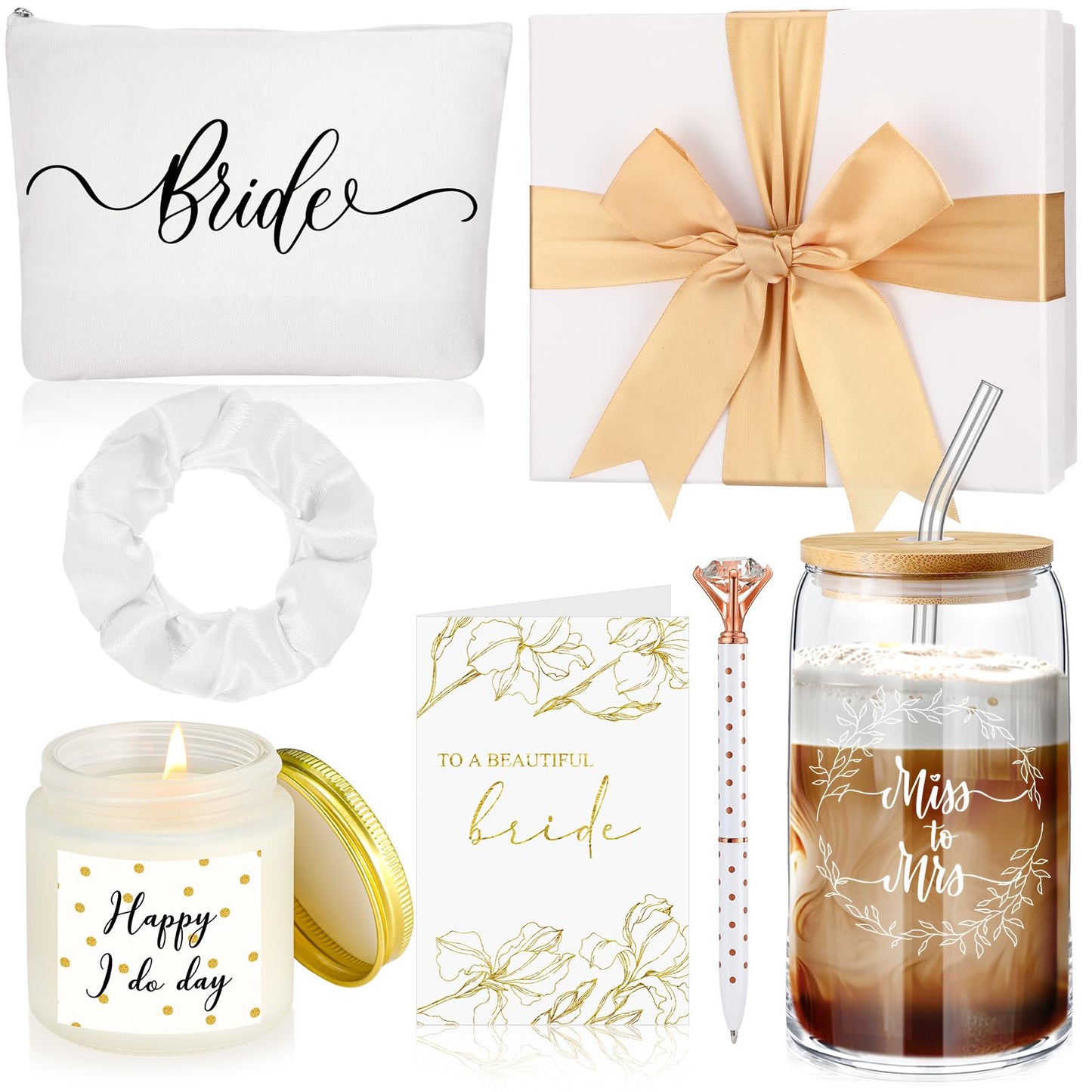 7 Pcs Bride Gifts Bridal Shower Gift Including Mrs Can Shaped Drinking Glass with Straw Bride Makeup Bag Crystal Pen Scented Candle Scrunchies Raffia Wedding Card Gift Box for Bridal Shower (White)
