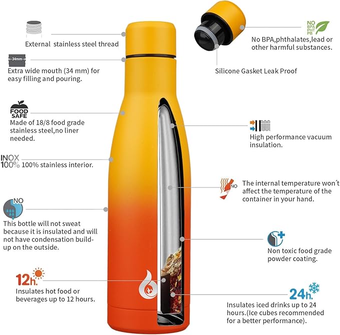 BJPKPK Insulated Water Bottle 17oz Stainless Steel Water Bottles Dishwasher Safe Reusable Metal Thermal Keep Cold and Hot,Sunset Orange