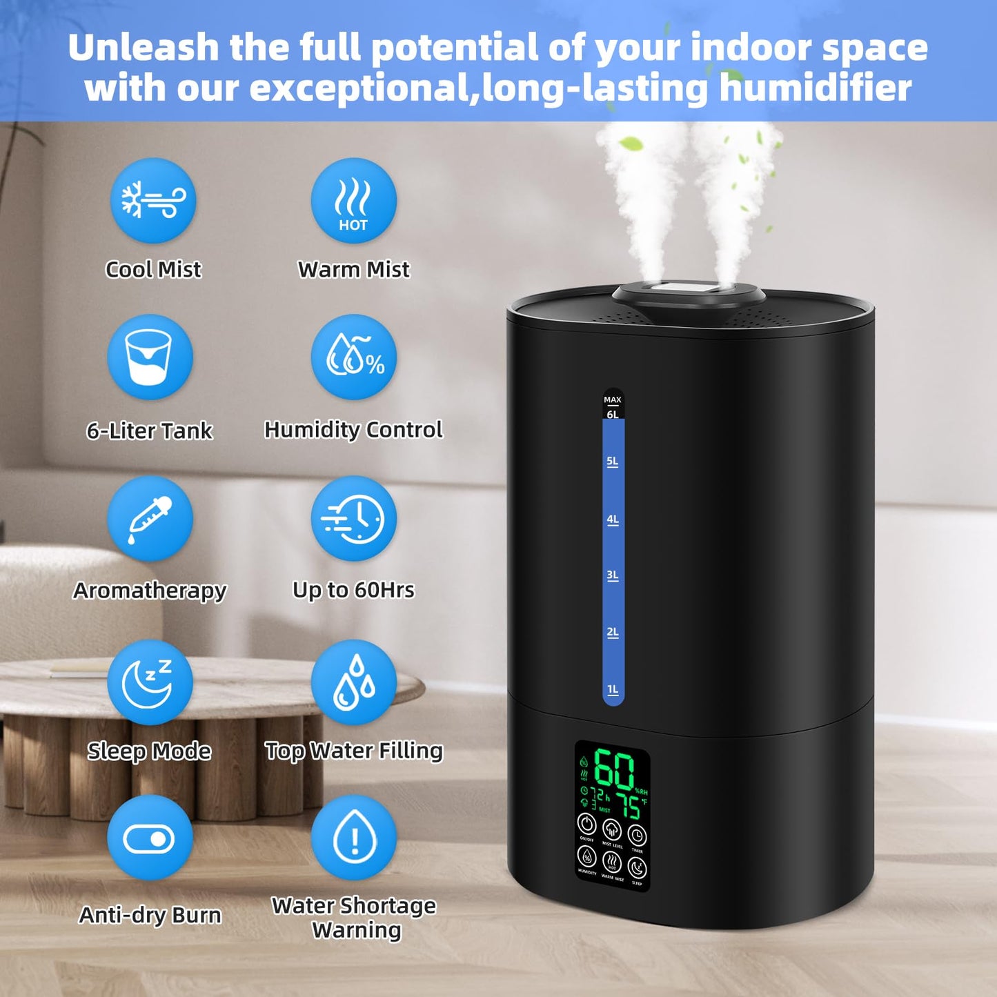 Coolfiqu 6L Humidifiers for Bedroom Large Room Home, Cool and Warm Humidifier for Plants Mist Top Fill Desk Humidifier Essential Oil Diffuser, Quiet Humidifiers with Adjustable Mist,360°Nozzle-Black