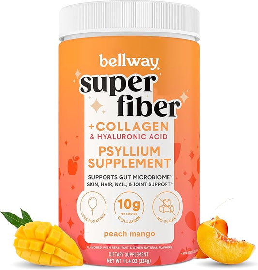 Bellway Super Fiber Powder + Collagen, Sugar-Free Psyllium Husk Powder with Collagen Peptides and Hyaluronic Acid for Digestive Health, Healthy Skin, Nails, Bones & Joints, Peach Mango (20 Servings)