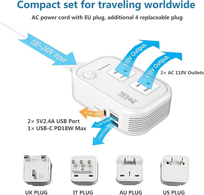 220V to 110V Converter Travel Adapter, FOVAL International Step Down Power Converter for Hair Straightener/Curler with 18W USB-C Port Voltage Converter US to Europe Italy UK AU China Plug (White)