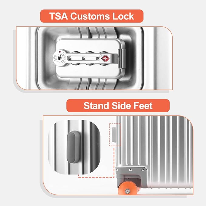 22x14x9 inch Cabin Suitcase, Carry-on Full Aluminum Body Suitcase, 20 Inch 100% Aluminum Hard Shell Luggage with PU Wheels,56x36x22cm Aluminium Large Luggage with TSA Locks(Silver)