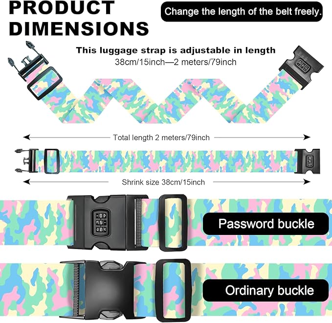 2 Pack Luggage Straps, Adjustable Cute Printing with Combination Lock Luggage Straps for Women Men Travel School Business Trips-Camouflage