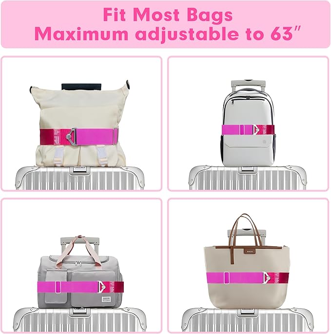 2-in-1 Travel Belt for Luggage Over Handle, Luggage Belt for Carry on Bag, Suitcase Straps, Add a Bag Bungees Luggage Straps Adjustable with Alloy Buckle,Hands-Free for Airport (Pink, 1 Pack)