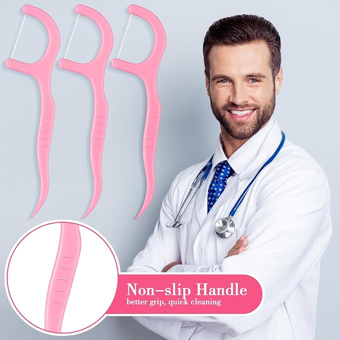 Baderke 200 Count Floss Picks Bulk Non Breakable Tooth Picks Flosser Dental Floss Sticks for Adults Teeth Cleaning Dental Flossers for Family Pack Travel(Pink)