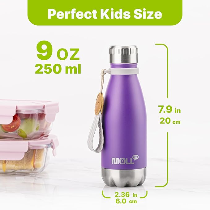 Kids Water Bottle for School-9 oz Stainless Steel Double Wall Vacuum Insulated Sports Water Bottle Reusable Metal Leak Proof Cola Shape Flask for Girls (Purple)