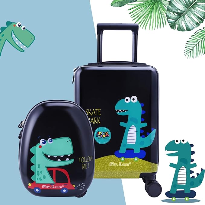 iPlay, iLearn Dinosaur Kids Luggage, Boy Carry on Suitcase, 18" Hardside Travel Luggage Set W/Backpack, Toddler Rolling Luggage W/ 4 Spinner Wheels, Children Holiday Birthday Gift
