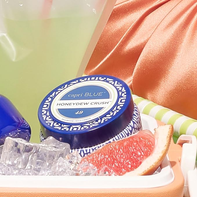 Capri Blue Printed Travel Tin Jar Candle - Luxury Tropical Scented Candles for Home - Long Lasting Soy Wax Blend - Decorative Jar for Home Decor Gift (Honeydew Crush, 8.5 oz)