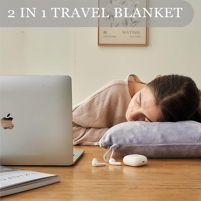 Commollis 2-in-1 Travel Blanket & Pillow for Airplane, Car, Train - Warm Compact Flight Blanket with Luggage Strap & Backpack Clip, Machine Washable, All-Season Use