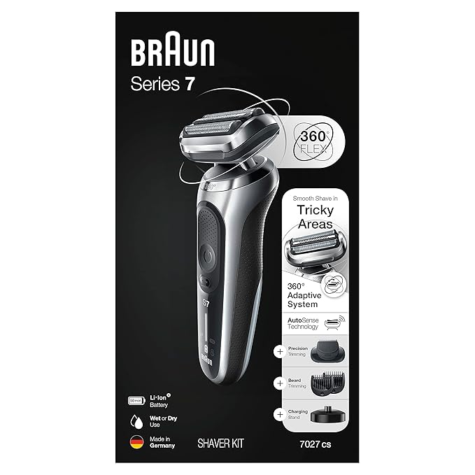 Braun Electric Razor for Men, Waterproof Foil Shaver, Series 7 7027cs, Wet & Dry Shave, with Beard Trimmer, Rechargeable, Charging Stand and Travel Case Included, Silver Black