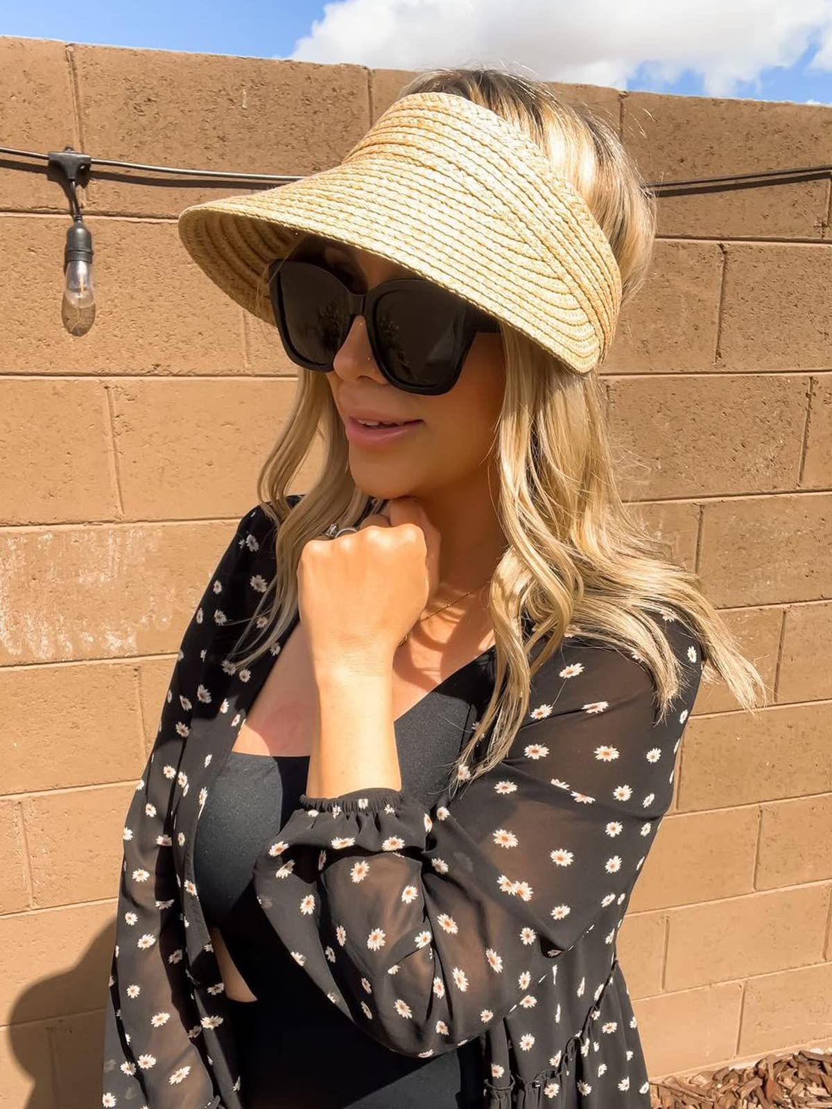 FURTALK Sun Visor Hats for Women Wide Brim Straw Visors Womens Foldable Beach Visors Summer Packable Ponytail Beach Hat Khaki