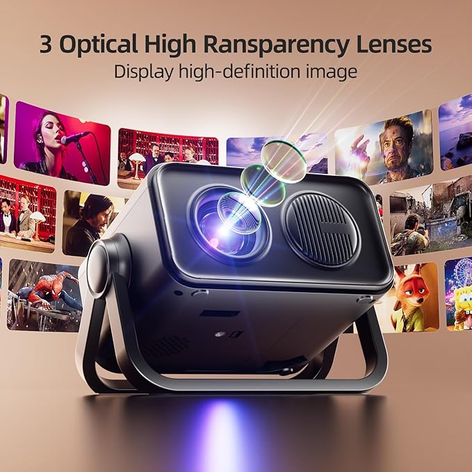 BKZ 2025 upgraded 360°Adjustable Dual Stand AI Auto Keystone Electric Focus Mini Portable Projector with Bluetooth 5.4, 1080P support Outdoor movie Projector compatible with HDMI/USB/Phone (Black)