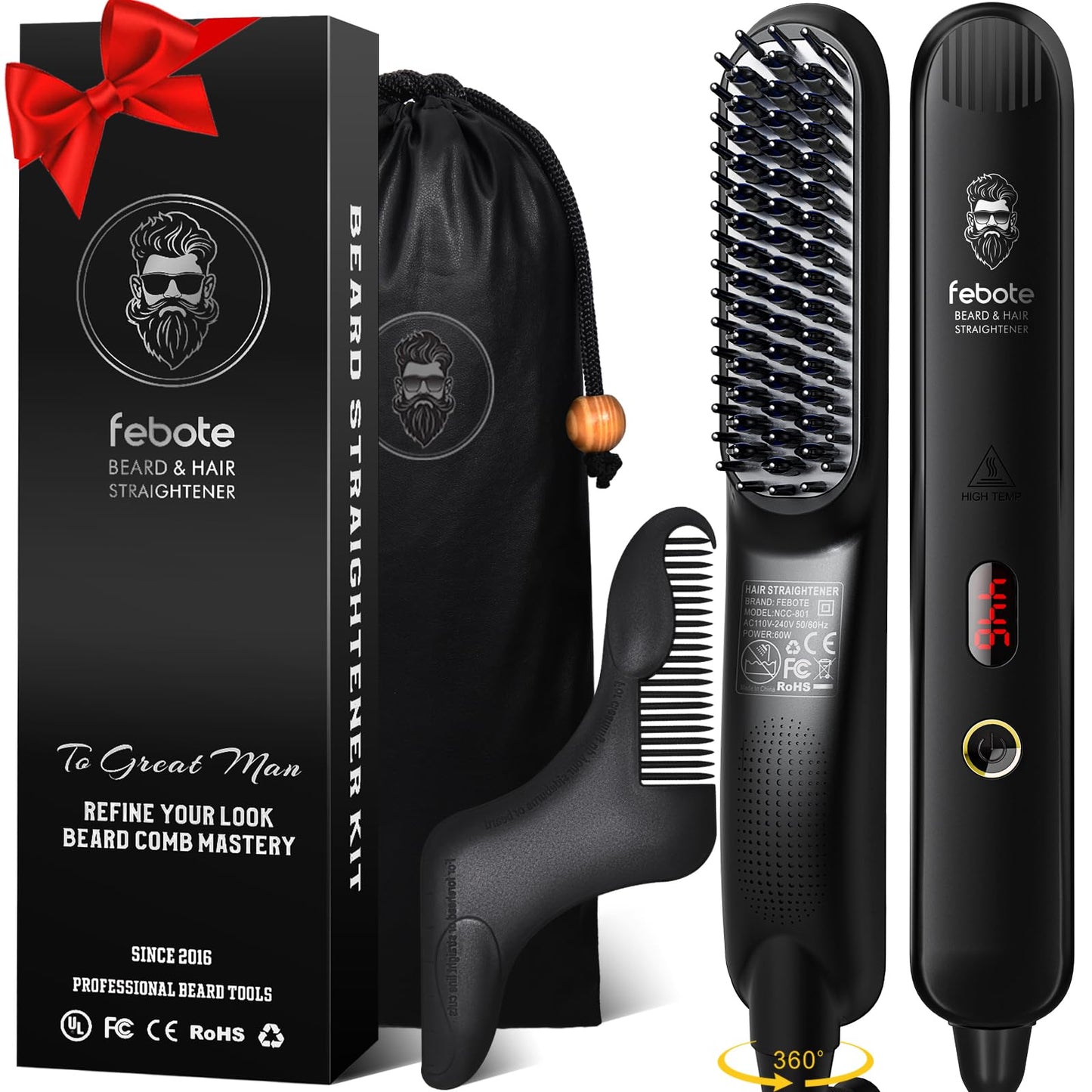 FEBOTE Heated Ionic Hair Straightening Brush for Men - 5 Temperature Settings, Anti-Scald, Beard Shaper & Travel Bag