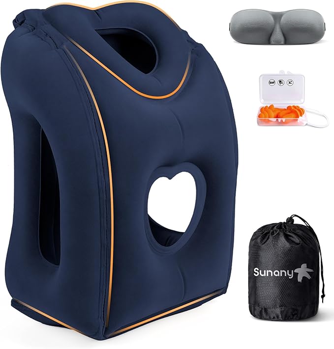 Sunany Travel Pillow, Upgraded Plane Pillow for Long Flights, Inflatable Neck Pillow Used for Airplanes,Cars,Buses,Trains,Office Napping with Eye Mask,Earplugs (Blue)