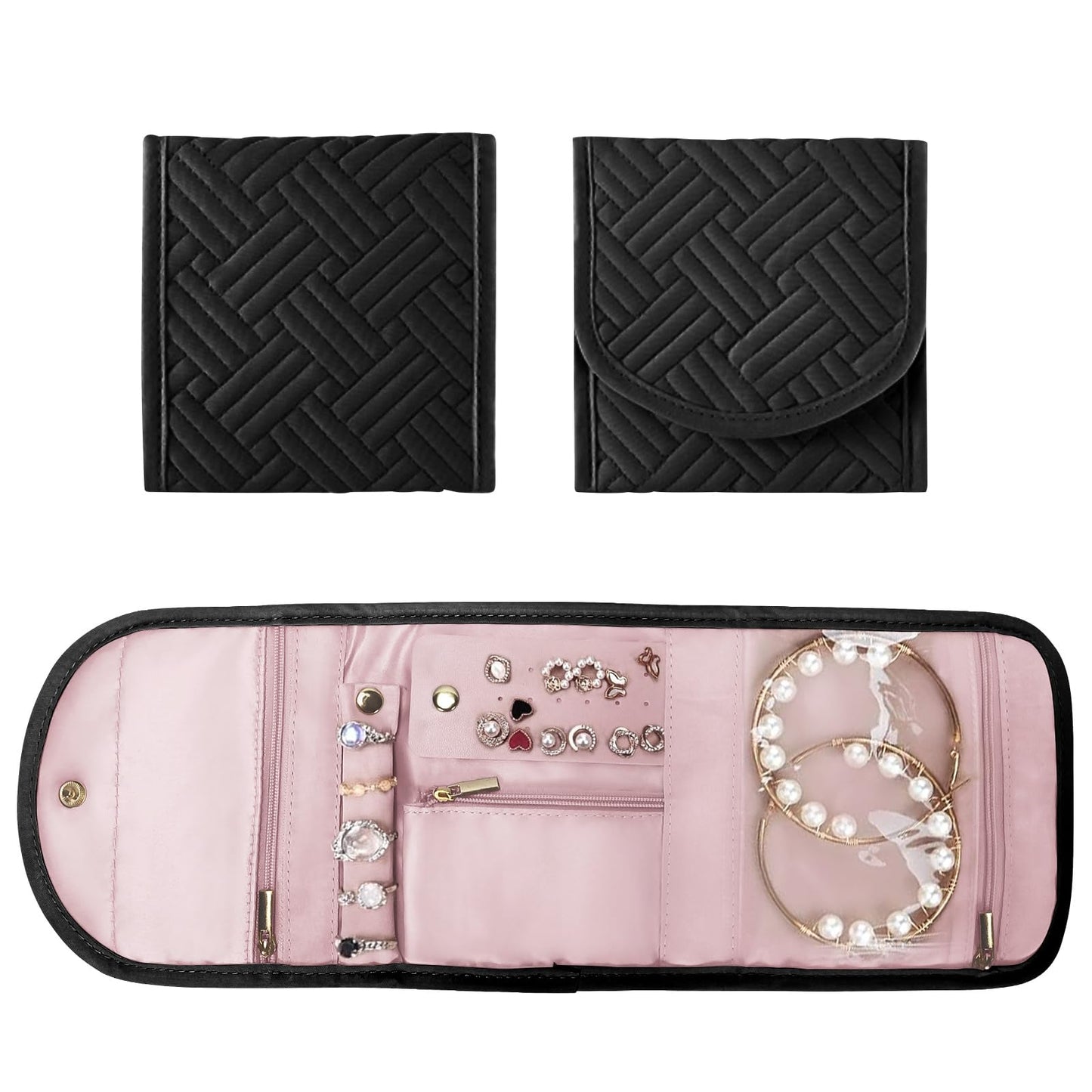 SUNRISING Travel Jewelry Organizer Case for Women, Foldable Jewelry Roll Pouch Bag with Portable Design for Journey Rings, Necklaces, Earrings, Bracelets, Mini - Black