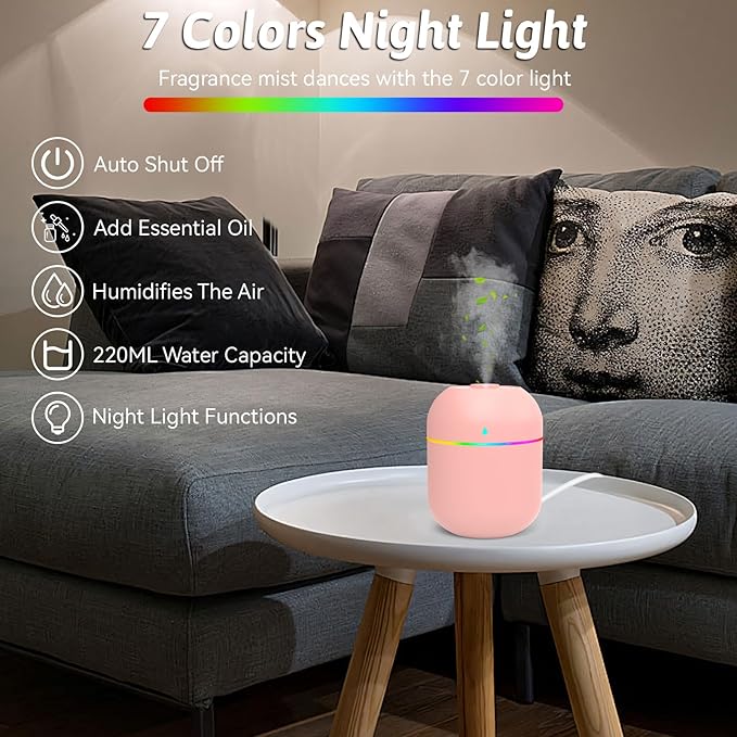 220ml Mini Essential Oil Diffuser for Desk, Small Humidifiers for Bedroom Aromatherapy Diffusers for Home Fragrance Aroma Diffuser with Night Light & Auto-Off Pink