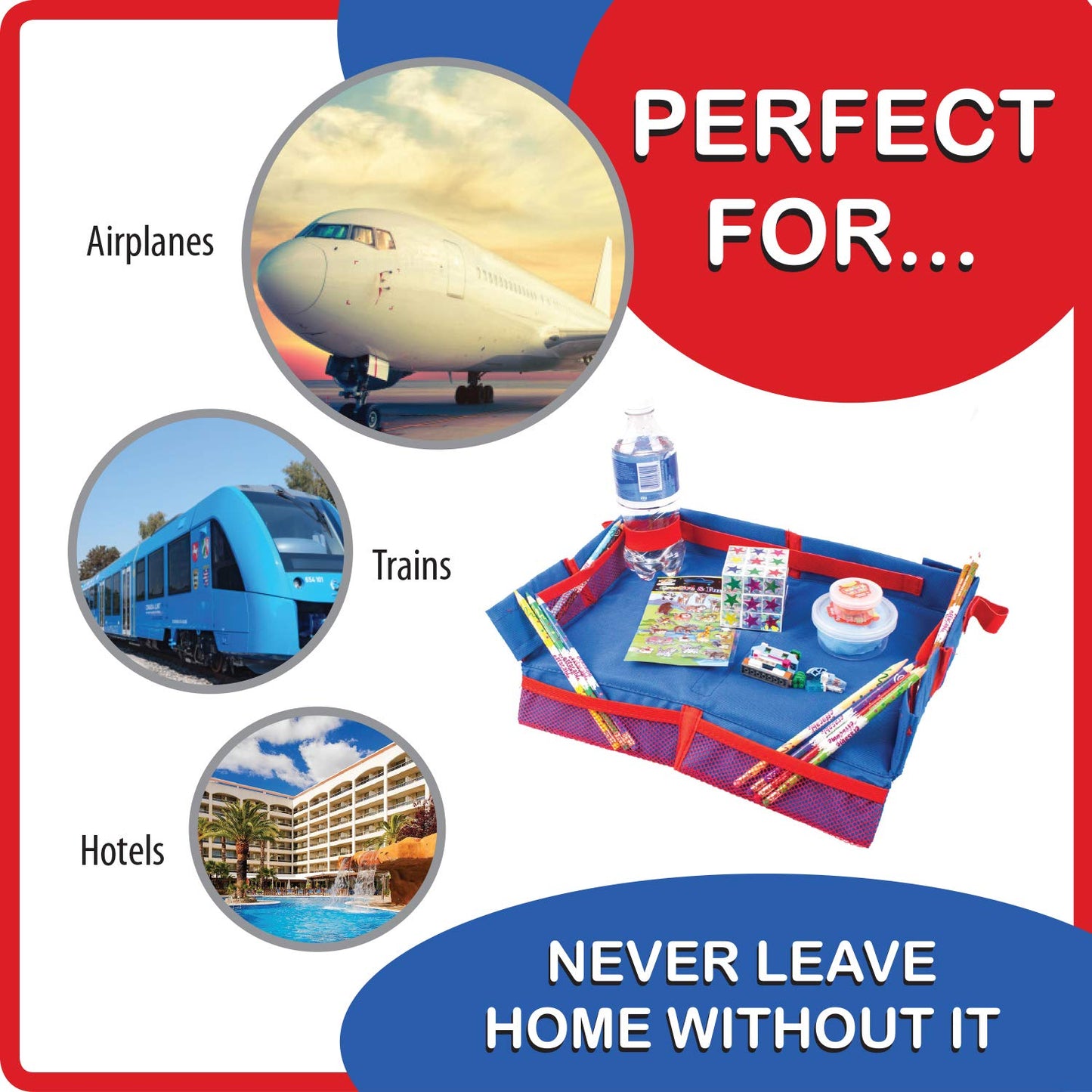 Fun N Fly Foldable Travel Tray - Blue Red Portable Durable Kids, Toddler, Baby Play Space and Snack Desk for Airplane Travel by FunnFly