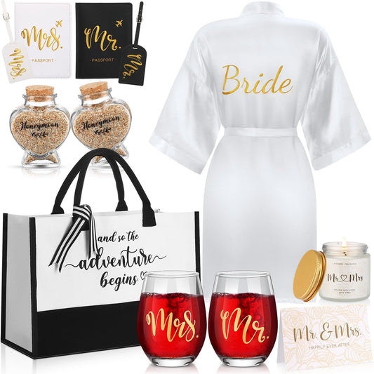 Singhoow 12 Pcs Wedding Gifts Honeymoon Gifts Essentials for Couple Mr Mrs Bridal Shower with Glass Date Bride Satin Robes Passport Holder Baggage Tags Jar Tote Bag