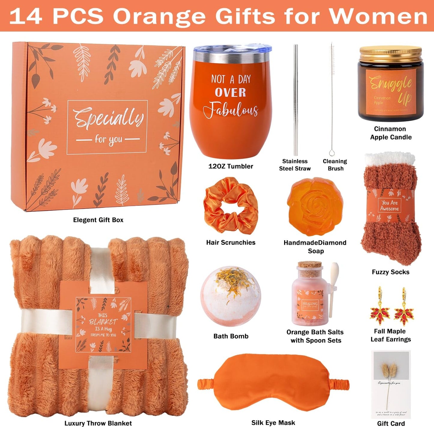Self Care Package for Women, Orange Get Well Gifts for Women, Fall Gift Baskets for Woman, Thinking of You Self Care Gifts for Woman, Relaxing Birthday Spa Gift Baskets for Mom, Sister, Her, Friend